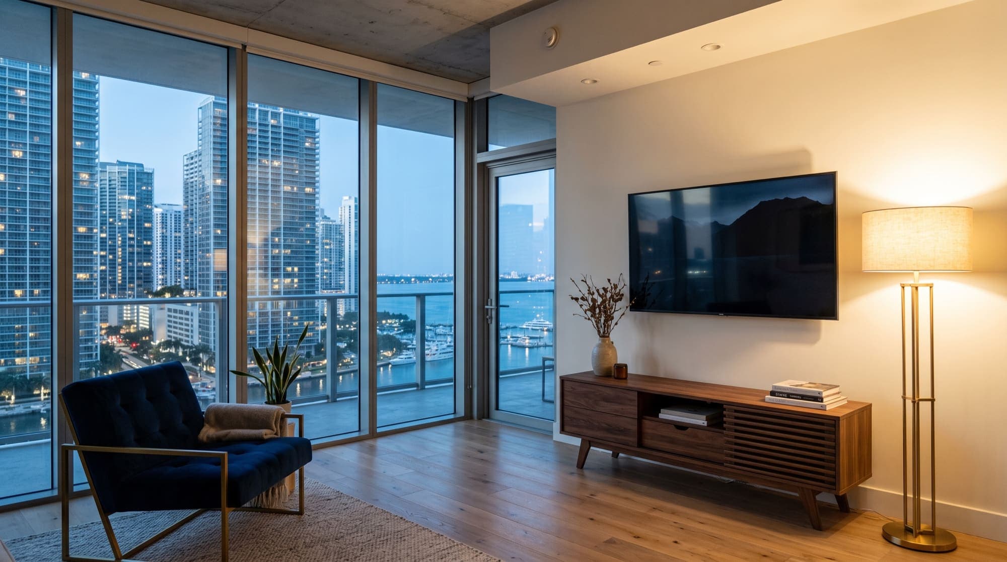 Condo living room with Brickell skyline views